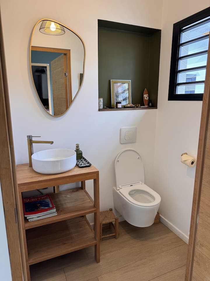 WC avec lave-mains, miroir et meuble en bois